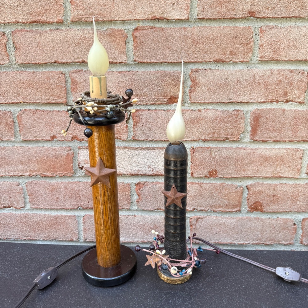 Vermont Bobbin Company Electric Bobbin Lamp Set Brown Black Primitive Star Decor